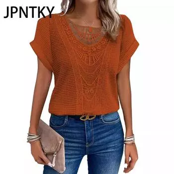 JPNTKY Женская мода Повседневный летний однотонный принт с коротким рукавом О-образным вырезом Блузки и рубашки S