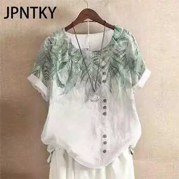 JPNTKY Женская мода Повседневный летний однотонный принт с коротким рукавом О-образным вырезом Блузки и рубашки S