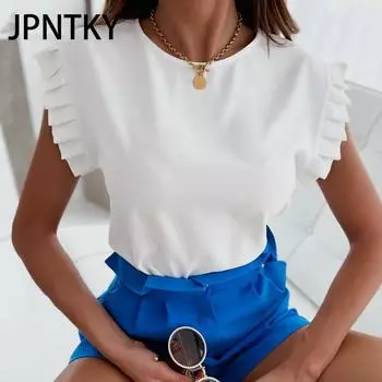 JPNTKY Женская мода Повседневный летний однотонный принт с коротким рукавом О-образным вырезом Блузки и рубашки S белый