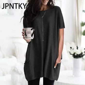 JPNTKY Женские модные повседневные летние весенние блузки и рубашки с круглым вырезом с короткими рукавами S темно-синий