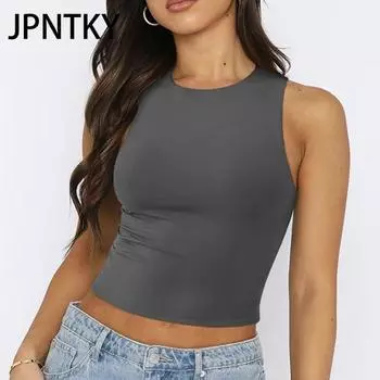 JPNTKY Женские модные повседневные летние весенние однотонные блузки и рубашки без рукавов с круглым вырезом и принтом XS