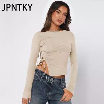 JPNTKY Женские модные повседневные однотонные футболки и топы с длинным рукавом и круглым вырезом S чёрный