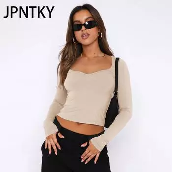 JPNTKY Женские модные повседневные однотонные футболки с длинным рукавом и топы с принтом XS чёрный