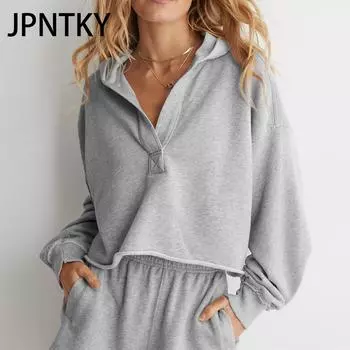 JPNTKY Женские модные повседневные однотонные худи и свитшоты с капюшоном и длинными рукавами с принтом S