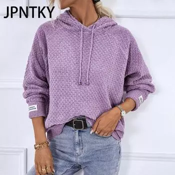 JPNTKY Женские модные повседневные однотонные свободные свитера с капюшоном на осень и зиму с длинным рукавом S фиолетовый