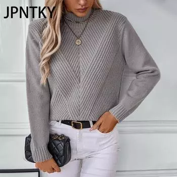 JPNTKY Женские модные повседневные однотонные свободные свитера с воротником на осень и зиму с длинным рукавом и воротником-стойкой S серый
