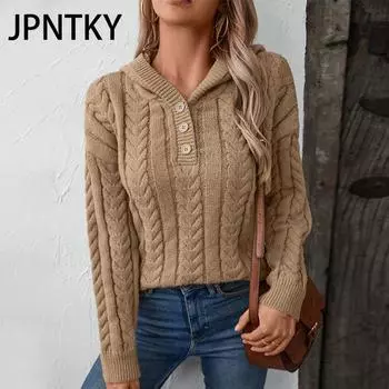 JPNTKY Женские модные повседневные однотонные свободные свитера с капюшоном на осень и зиму с длинным рукавом S хаки