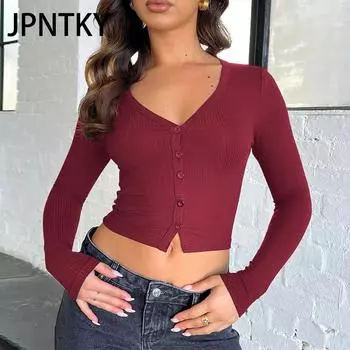 JPNTKY Женская мода Повседневная осень-зима Однотонные принты Длинные рукава V-образный вырез Блузки и рубашки S