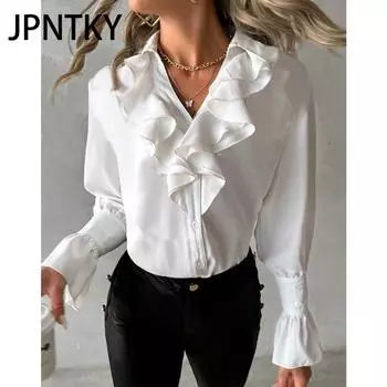 JPNTKY Женская мода Повседневная осень-зима Однотонные принты Длинные рукава V-образный вырез Блузки и рубашки S чёрный