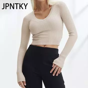 JPNTKY Женская мода Повседневная осень-зима Однотонные принты Длинные рукава V-образный вырез Блузки и рубашки S