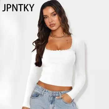 JPNTKY Женские модные повседневные осенне-зимние однотонные блузки и рубашки с длинным рукавом и U-образным вырезом с принтом S