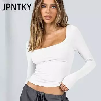 JPNTKY Женские модные повседневные осенне-зимние однотонные блузки и рубашки с квадратным воротником и длинными рукавами с принтом S
