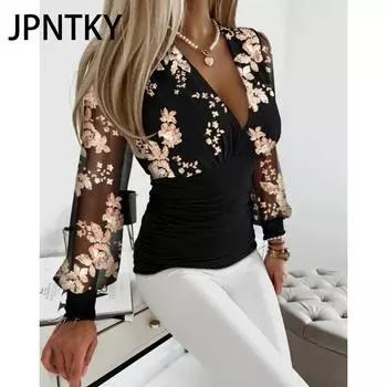 JPNTKY Женская мода Повседневная весна-осень Цветочный принт Длинные рукава V-образный вырез Блузки и рубашки S чёрный