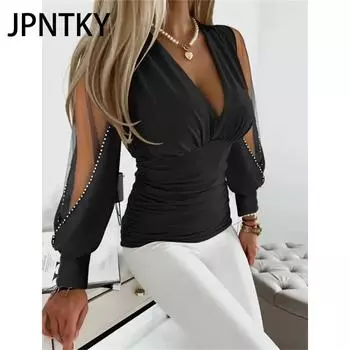 JPNTKY Женские модные повседневные весенне-осенние однотонные блузки и рубашки с v-образным вырезом и длинным рукавом с принтом S бордовый