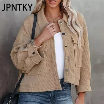 JPNTKY Женские винтажные повседневные однотонные принтованные куртки и пальто с длинным рукавом и воротником-поло на осень-зиму S