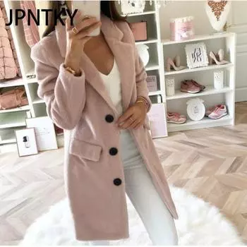 JPNTKY Женские винтажные повседневные однотонные принтованные куртки и пальто с длинным рукавом и воротником-поло на осень-зиму S розовый