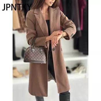 JPNTKY Женские винтажные повседневные однотонные принтованные куртки и пальто с длинным рукавом и воротником-поло на осень-зиму S хаки
