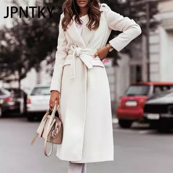 JPNTKY Женские винтажные повседневные однотонные принтованные куртки и пальто с длинным рукавом и воротником-поло на осень-зиму S белый