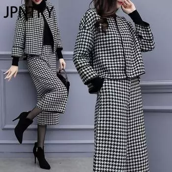 JPNTKY Женский осенне-зимний костюм-двойка, брюки, клетчатое шерстяное пальто, широкие брюки, повседневный и модный женский комплект S
