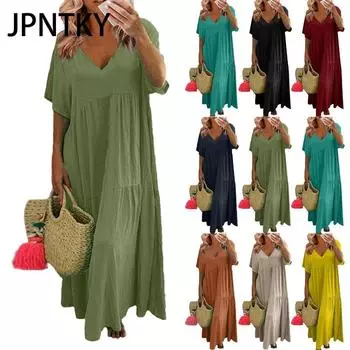 JPNTKY Женское летнее модное однотонное платье с V-образным вырезом больших размеров, свободное длинное повседневное платье с коротким рукавом S чёрный