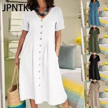 JPNTKY Женское летнее повседневное хлопковое платье с V-образным вырезом и коротким рукавом на пуговицах S белый
