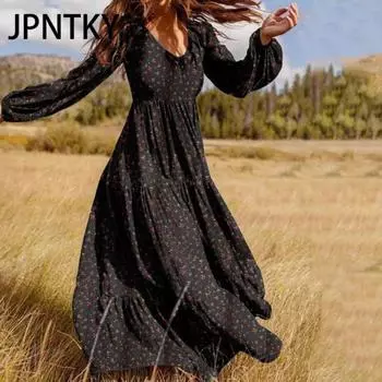 JPNTKY Женское мини-платье макси с оборками и цветочным принтом, повседневные платья с длинным рукавом и V-образным вырезом M красный