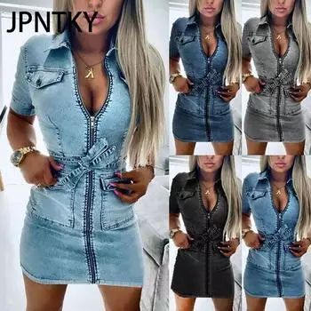 JPNTKY Женское модное джинсовое платье с коротким рукавом на молнии, лето-весна S чёрный