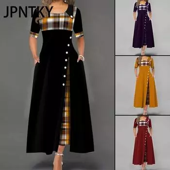 JPNTKY Женское модное повседневное платье макси с коротким рукавом и круглым вырезом в клетку с принтом на пуговицах больших размеров S чёрный