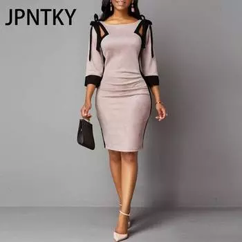 JPNTKY Женское осенне-зимнее платье с завязками на плечах и рукавами три четверти с разрезом сзади S розовый
