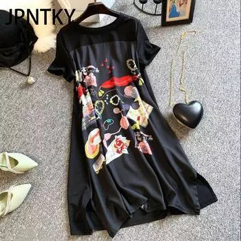 JPNTKY Женское платье больших размеров А-силуэта Свободное черное длинное платье-футболка Шелковистое удобное L чёрный