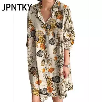 JPNTKY Женское платье-рубашка с отложным воротником и длинными рукавами, летнее модное клетчатое платье с принтом S белый