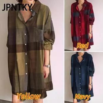 JPNTKY Женское платье-рубашка с отложным воротником и длинными рукавами, летнее модное клетчатое платье с принтом S красный