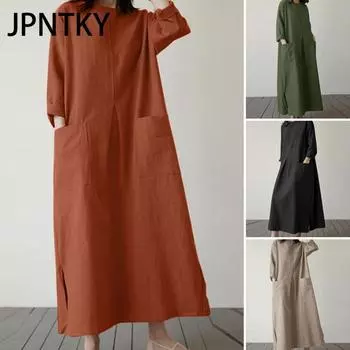 JPNTKY Женское повседневное хлопковое длинное платье с круглым вырезом и рукавами 3/4 Повседневные платья S чёрный