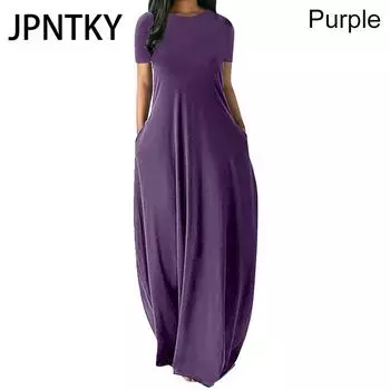 JPNTKY Женское повседневное свободное длинное платье с круглым вырезом и коротким рукавом, летнее пляжное платье, элегантное вечернее платье S белый