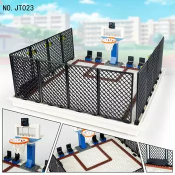 JT023 Школьная баскетбольная площадка. Дети собирают строительные блоки, игрушки.