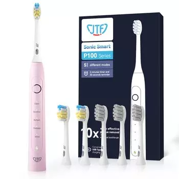 JTF электрическая звуковая зубная щетка P100 звуковая электрическая щетка перезаряжаемая IPX7 водонепроницаемая 6 сменных щеток 5 режимов чистки легкий старт адаптивный автоматический