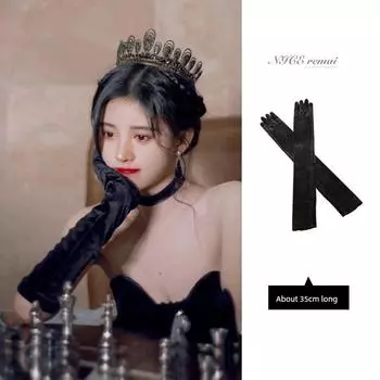 Ju Jingyi Same Style Gold Velvet Gloves Elegant Retro Classy Performance Costume Evening Dress Photography Satin Arm Sleeve Long Black gold velvet about 35cm-Ju Jingyi One size