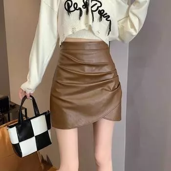 Юбка А-силуэта из черной кожи с высокой талией 2023 года — Большие размеры, мода осень/зима L кофейный