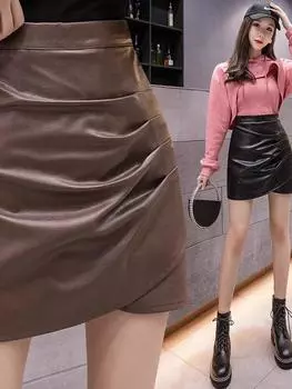 Юбка А-силуэта из искусственной кожи: Женская короткая юбка с высокой талией на осень/зиму - неровный подол, европейская мода. 3XL чёрный