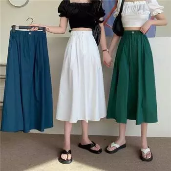 Юбка А-силуэта с высокой талией 2024 года: Весна, корейская мода, прикрывающие бедра, утягивающие, средней длины для больших размеров 4XL чёрный