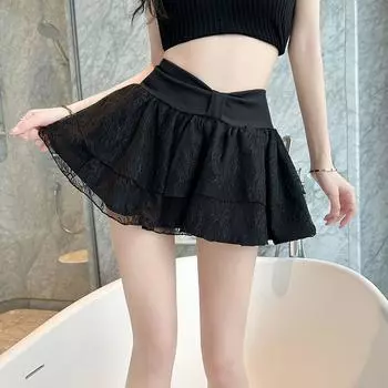 Юбка балетная кружевная пэчворк пышная женская пикантная корейская узкая с высокой талией летняя мини-юбка S чёрный
