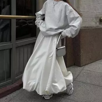 Юбка-баллон, длинная женская атласная винтажная свободная юбка-трапеция с высокой талией, макси-юбка с пузырьками, офисная женская элегантная женская уличная одежда Y2K L белый