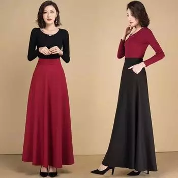 Юбка большого размера с карманами, можно носить как на полных, так и на тонких, тонкая юбка А-образного силуэта с высокой талией, новая универсальная танцевальная юбка средней и длинной длины для весны и осени M чёрный