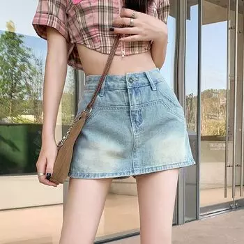 Юбка-брюки для стройности, облегающая юбка с высокой талией, облегающая фигуру, дизайн Sense A-силуэта, летняя модная джинсовая короткая юбка S светло-синий