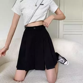 Юбка-брюки с высокой талией, широкими штанинами, плиссировкой, в осеннем стиле чистого желания 2XL чёрный