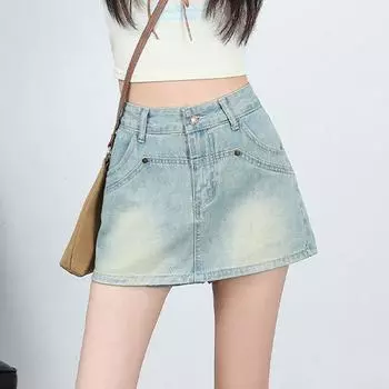 Юбка-бюстье для стройности и молодости, светлая, дизайнерская, повседневная, с высокой талией, юбка-брюки, юбка-брюки, женская летняя мода, джинсовая короткая юбка S светло-синий
