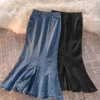 Юбка-бюстье Fishtail Женская летняя юбка-бюстье с открытыми разрезами, тонкая джинсовая юбка с высокой талией, женская джинсовая юбка-бюстье S синий