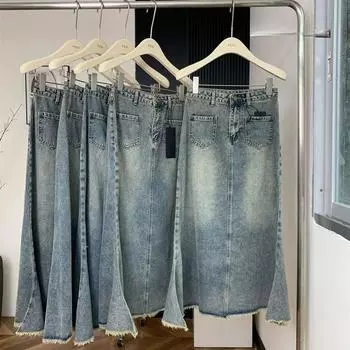 Юбка-бюстье из денима в стиле ретро Sense Burlap, длинная, трапециевидная, с высокой талией, с вырезом «рыбий хвост», женская, универсальная, удобная, модная, джинсовая юбка-бюстье S джинсовый