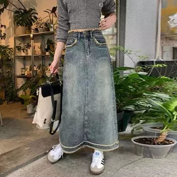 Юбка-бюстье с необработанным краем, женская, дизайнерская, A-силуэта, прямая, средней длины, ретро, ковбойская, универсальная, удобная, модная, джинсовая, юбка-бюстье S джинсовый