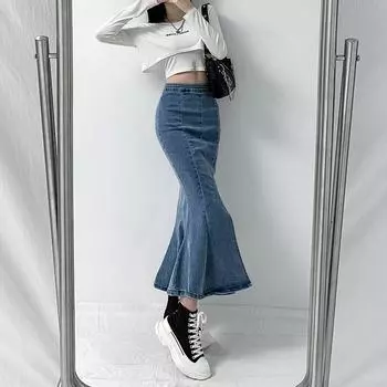 Юбка-бюстье с разрезом «рыбий хвост» Женская дизайнерская юбка-ковбой Sense Летняя эластичная тонкая тонкая юбка-бюстье с высокой талией А-силуэта Модная джинсовая юбка-бюстье S синий